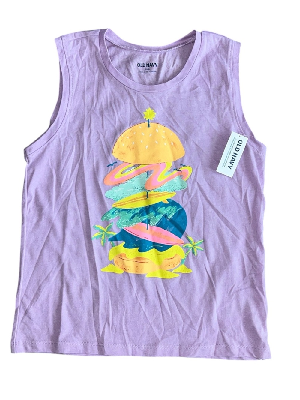 Old Navy Lavender Graphic Tank Top with Multicolor Burger Print Size M (8)